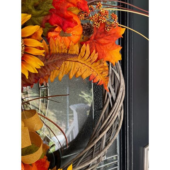 Harvest Fall Wreath with Sunflower's, Leaves and Pumpkins - Picture 6 of 6